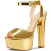 NobleOnly Donna Alto High Chunky Blocco Piattaforma Tacco Heel Aperte sulla Punta Cinturino alla Caviglia Sandali Ballo Feste Dress Scarpe 15 CM Heels Oro Verniciata 39 EU