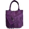 Modarno Borsa shopper da donna in vera pelle scamosciata con frangia più custodia per gioielli dello stesso colore - Borsa a mano - Borsa a spalla