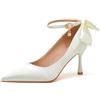 Generic Scarpe da Sposa in Seta con Fiocco Posteriore & Pendente Cristallo 5cm Tacco A Spillo Raso Suola Antiscivolo per Matrimonio