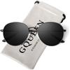 GQUEEN Occhiali da sole rotondi retrò polarizzati da donna uomo cerniera a molla telaio in metallo trendy hippie ovale occhiali da sole sfumature UV400, 1 montatura nera/lente nera, Medium
