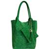 Modarno Borsa shopper da donna in vera pelle scamosciata, con custodia per gioielli dello stesso colore - Borsa a mano - Borsa a spalla (Verde Smeraldo)