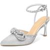 PIZZ ANNU Tacchi Donna Sexy Decollete a Punta Chiusa Scarpe con Tacco Tacchi a Spillo con Strass Sandali con Cinturino alla Caviglia Fiocco Argento EU 36