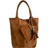 Modarno Borsa shopper da donna in vera pelle scamosciata, con custodia per gioielli dello stesso colore - Borsa a mano - Borsa a spalla (Cuoio)
