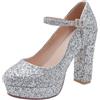 Lroey Reoly Scarpe Mary Jane da Donna con Tacco Largo, Pompe al Tallone Alto Punta Rotonda Fibbia Scarpe da Sera con Plateau Paillettes Eleganti Scarpe da Festa Mmbxqq Argento Numero 32 EU