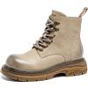 Eestfy Stivali Combat Donna Pelle Vera Tacco Medio Spesso Punta Tonda Stivaletti con Lacci alla Caviglia per Uscite Casual Autunno e Inverno Suola Gomma Antiscivolo,Beige,35 EU