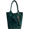 Modarno Borsa shopper da donna in vera pelle scamosciata, con custodia per gioielli dello stesso colore - Borsa a mano - Borsa a spalla (Verde Petrolio)