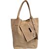 Modarno Borsa shopper da donna in vera pelle scamosciata, con custodia per gioielli dello stesso colore - Borsa a mano - Borsa a spalla (Taupe Chiaro)