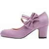 Generisch Mary Jane - Scarpe da donna con fiocco e tacco, stile retrò, vintage, in finta pelle scamosciata, chiuse, rotonde, per ufficio, comode scarpe da sposa, Viola chiaro, 37 EU