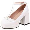 Lroey Reoly Décolleté con Tacco Grosso da Donna, Pompe al Tallone Alto Square Toe Fibbia Scarpe da Festa con Plateau con Cinturino alla Caviglia Beaded Moda Tryvoa Bianco Numero 47 EU