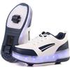 WOHS Scarpe da Ginnastica con Due Ruote e luci LED. Ricaricabile, 16 Effetti di Luce. Ruota Posteriore Automatica. Bianco/Blu Scuro. Taglia 29