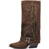 IF Stivali Texani da Donna Cowboy Cowgirl in Camoscio Sintetico con Frange Cinturini e Fibbie Stile Camperos con Ghetta G709 Marrone N.38