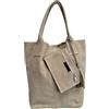 Modarno Borsa shopper da donna in vera pelle scamosciata, con custodia per gioielli dello stesso colore - Borsa a mano - Borsa a spalla (Beige)