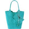 Modarno Borsa shopper da donna in vera pelle scamosciata, con custodia per gioielli dello stesso colore - Borsa a mano - Borsa a spalla (Turchese)