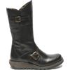 Infinity Leather Stivali da donna FLY MES 2 in Pelle con Zeppa, Fibbia, Cerniera e Plateau a Metà Polpaccio, Neri