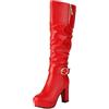 Lroey Reoly Donna Tacco Alto a Blocco Stivali Alti con Plateau Punta Rotonda Slouch Cx890 Rosso Numero 40 EU