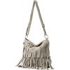 Modarno Borsa a tracolla con frange in camoscio - borsa tracolla donna in pelle scamosciata (Beige)