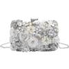 lapulio Borsa da sera floreale da donna, pochette con perline con paillettes e strass, borsa per festa di nozze con catene, Argento, Small