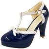 Lovouo Scarpe da donna Mary Jane in vernice con cinturino e fiocco, plateau e tacco quadrato di 9 cm, Blu marino, 44 EU