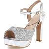 Lroey Reoly Sandali con Tacco Alto Donna, Sandali Peep Toe Eleganti Tacco a Blocco Scarpe da Sera con Plateau Fibbia con Cinturino Alla Caviglia Brillantini 115 Argento Numero 37 EU