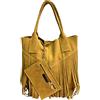 Modarno Borsa shopper da donna in vera pelle scamosciata con frangia più custodia per gioielli dello stesso colore - Borsa a mano - Borsa a spalla (Giallo Ocra)