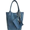 Modarno Borsa shopper da donna in vera pelle scamosciata, con custodia per gioielli dello stesso colore - Borsa a mano - Borsa a spalla (Azzurro)