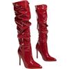CRETUAO Stivali Alti Fino al Ginocchio in Pelle Verniciata da Donna, Stivali Lunghi con Tacco a Spillo Rosso Sexy a Punta, Stivali con Tacco alla Moda con Cerniera Laterale