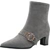 Lroey Reoly Stivaletti da Donna con Tacco a Blocco, Stivaletti Invernali Tacco Medio Appuntito Polacchine Zip Beaded 080 Grigio Numero 34 EU