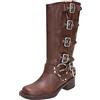 Generic Stivali da cowboy per le donne stivali da moto con fibbia al ginocchio resistenti all'acqua facili da pulire scarpe da donna con tacco grosso punta rotonda stivali da passeggio antiscivolo stivali