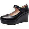 Jamron Donna Piattaforma Alta 8CM Tacco a Zeppa Scarpe Mary Jane Gancio e Anello Décolleté in Pelle Nero SN070281-2 EU37