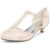 JIAJIA 01129 Scarpe da Sposa da Donna Punta Chiusa T-Strap 1.8 '' Tacco Basso Pizzo Raso Pompe Imitazione Scarpe da Sposa
