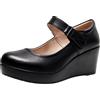 Jamron Donna Piattaforma Alta 6CM Tacco a Zeppa Scarpe Mary Jane Gancio e Anello Décolleté in Pelle Nero SN070281-1 EU35