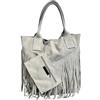 Modarno Borsa shopper da donna in vera pelle scamosciata con frangia più custodia per gioielli dello stesso colore - Borsa a mano - Borsa a spalla (Bianco)