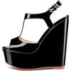 NobleOnly Donna Alto High Zeppa Piattaforma Tacco Aperte sulla Punta Cinturino alla Caviglia T-strap Slingback Fibbia Sandali da Matrimonio Feste 15 CM Heels Scarpe Nero Verniciata 40 EU