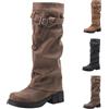 Generic Stivali da donna western con punta tonda - Stivali al ginocchio da donna con risvolto - Stivali da cowboy con fibbia, a manica lunga, in pelle scamosciata, stivali alti da infilare, stivali gotici