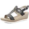 inblu Sandali Donna con Cinturino Regolabile, Decori Brillantinati, Zeppa 6,5cm, Nero, 38 EU