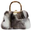 Fosrion Borsa Donna in Vera Pelliccia di Volpe Patchwork, Borsa Vintage con Manico in Bambù e Chiusura a Scatto, Elegante e Artigianale (Volpe Grigio-Bianca)