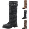 Generic Stivali da donna western con punta tonda - Stivali al ginocchio da donna pieghevoli - Stivali da cowboy con fibbia, a manica lunga, in pelle scamosciata, stivali alti da infilare, stivali gotici punk