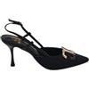 Malu Shoes Decollete Slingback Donna in Tessuto Nero a Punta con Dettaglio Metallico Oro e Tacco Sottile 7 cm Chiusura Caviglia (38 EU)