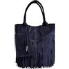 Modarno Borsa shopper da donna in vera pelle scamosciata con frangia più custodia per gioielli dello stesso colore - Borsa a mano - Borsa a spalla (Blu Scuro)