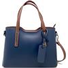 Chicca Borse Borsa a Mano Elegante Donna in Pelle Italiana Rigida Taglia Media con Tracolla (Blu - Cuoio)