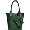 Modarno Borsa shopper da donna in vera pelle scamosciata, con custodia per gioielli dello stesso colore - Borsa a mano - Borsa a spalla (Verde scuro)