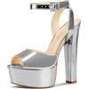 NobleOnly Donna Alto High Chunky Blocco Piattaforma Tacco Heel Aperte sulla Punta Cinturino alla Caviglia Sandali Ballo Feste Dress Scarpe 15 CM Heels Argento Verniciata 44 EU