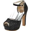 Lroey Reoly Sandali con Tacco Alto Donna, Sandali Peep Toe Eleganti Tacco a Blocco Scarpe da Festa con Plateau Fibbia con Cinturino Alla Caviglia Brillantini 096 Nero Numero 33 EU