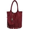 Modarno Borsa shopper da donna in vera pelle scamosciata con frangia più custodia per gioielli dello stesso colore - Borsa a mano - Borsa a spalla (Bordeaux)