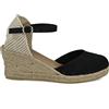 PAYMA - Sandali con Zeppa in Juta da Donna. Prodotto in Spagna in Tela. Chiusura con Fibbia alla Caviglia. Suola Interna Imbottita in Tessuto. Colore: Nero. Taglia: EU 41