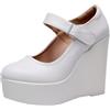 Jamron Donna Piattaforma Alta 11.5CM Tacco a Zeppa Scarpe Mary Jane Gancio e Anello Décolleté in Pelle Bianco SN070281-3 EU38