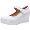 Jamron Donna Piattaforma Alta 6CM Tacco a Zeppa Scarpe Mary Jane Gancio e Anello Décolleté in Pelle Bianco SN070281-1 EU39.5