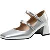 XIEPP Donna Elegante Punta Quadrata Mary Jane Pumps Tacco Grosso Abito Scarpe, argento, 38 EU