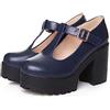 generic Mary Janes Décolleté da donna con cinturino regolabile, punta tonda, plateau, tacco a blocco, sandali con cinturino a T, Blu, 40 EU