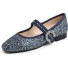 Feversole Women's Square Toe Mary Jane Fashion，Punta Quadrata Easy Buckle Tacco Basso Slip On Flats in Blu Notte Glitter Foderato di Pelliccia Taglie 39 EU